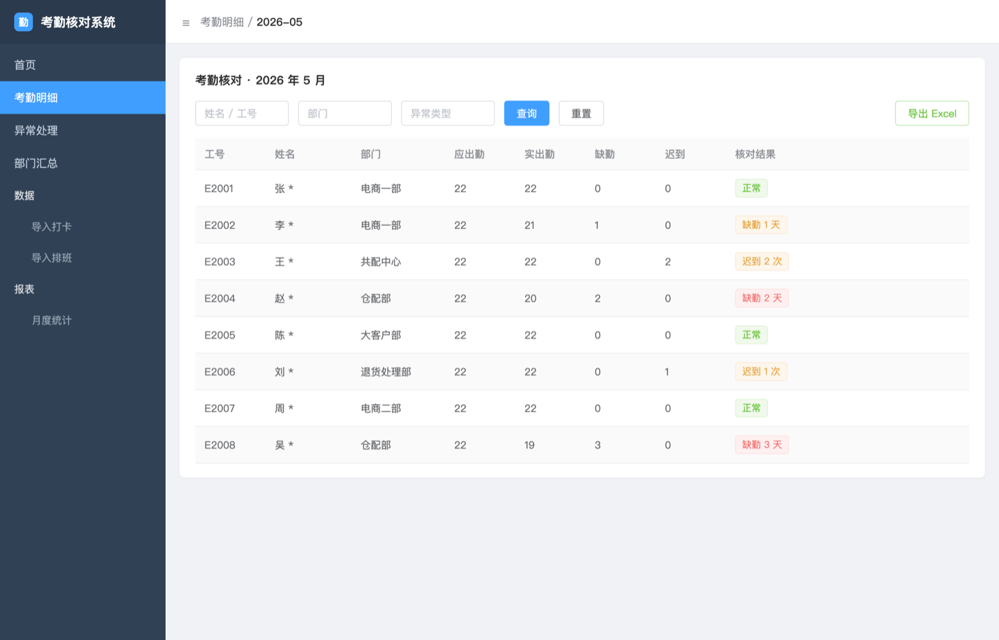 考勤核对系统界面
